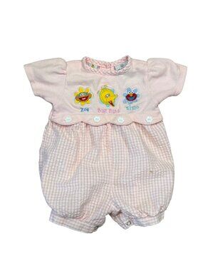 Vintage 90s Sesame Street Infant Girls Bubble Romper Pink Zoe Big Bird Elmo Embr
